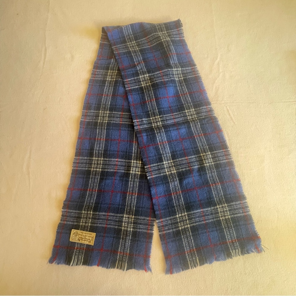 Vintage Blue Tartan 100% Lambswool Scarf Made in Scotland Heritage Wool Preppy
